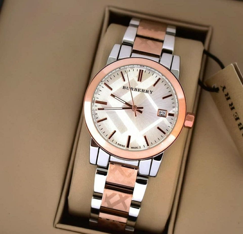 Burberry rose gold silver chsin ladies watch